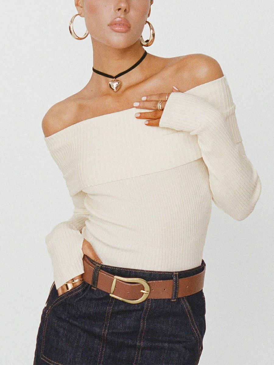 

New Fashion Womens Off-Shoulder Cropped Tops Solid Color Ribbed Boat Neck Long Sleeve Show Navel Knitwear Skin-Friendly Hot Sale