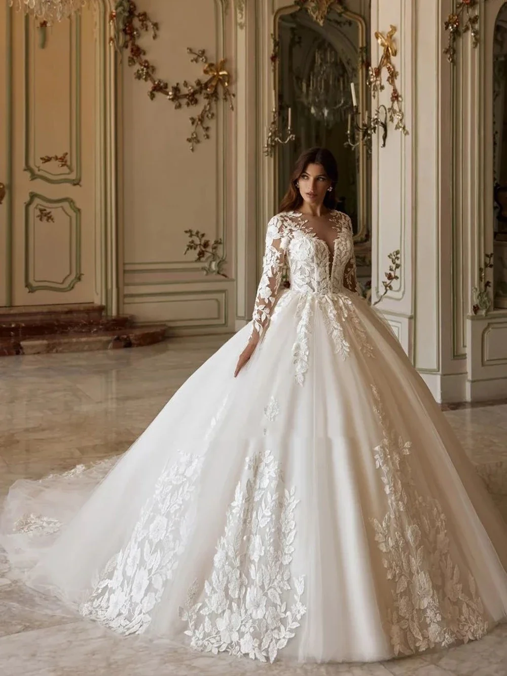 

Flavinke Customized Exquisite Aplliques Lace Princess Wedding Dresses Tulle Beading Lace Illsion Neck Bridal Gowns vestidos de