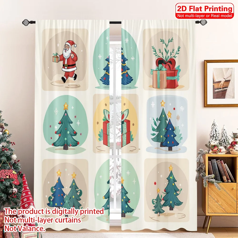 

2pcs 2D flat printing Merry Christmas Popular Party Window Curtains Santa Christmas Tree Stars Gifts 100% Polyester Without