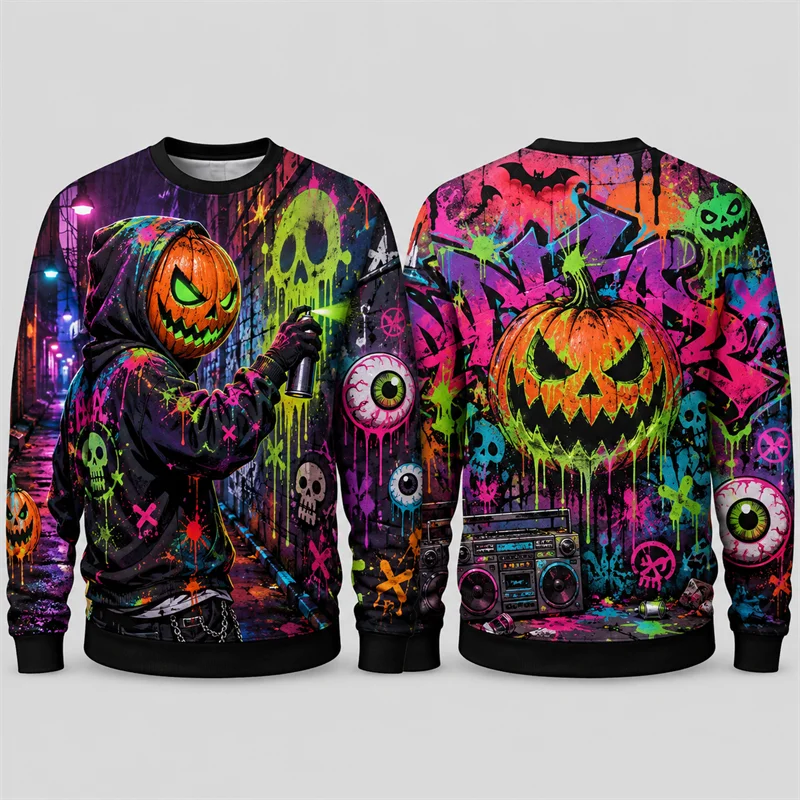 Pumpkin Ghost Graffiti Sweatshirt Halloween Mens 3D Print Polyester Crew Neck Long Sleeve Hip Hop Fashion Pullover Oversized Fit