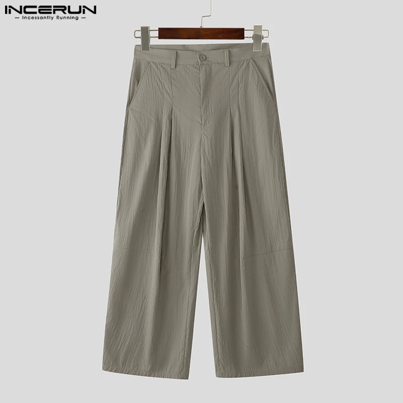 

INCERUN Men Pants Button Joggers Solid Color Loose Casual Wide Leg Trousers Men Pleated Streetwear 2025 Male Long Pants S-5XL