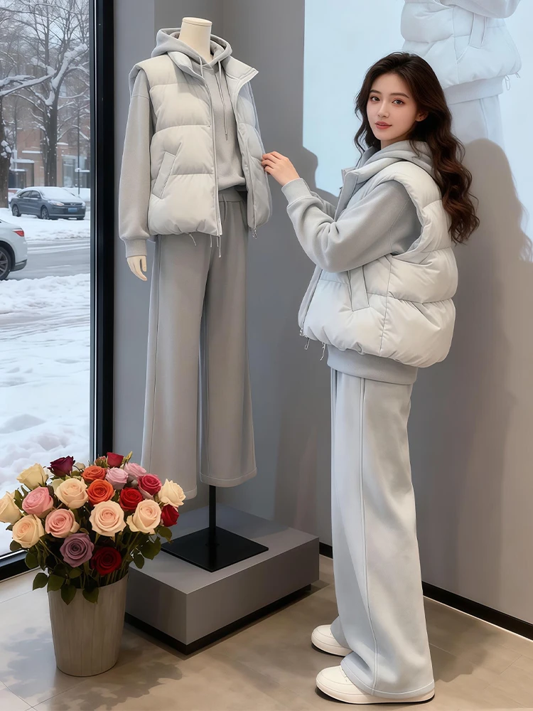 

Winter New plus Size Women's Hoodie Sweatshirt Casual Pants Warm Three-piece Set Cotton Vest Hooded Sweatshirt Comfortable