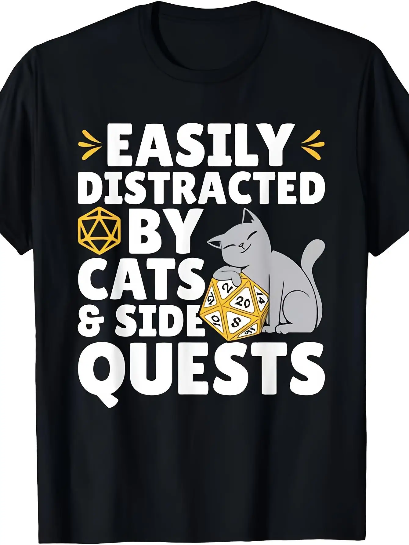A Humorous T-Shirt for RPG Gamers Featuring Easily Distracted Cats And a D20 Design, Made from Soft And Breathable Material. This Lightweight Unisex Casual Shirt Is Perfect for D&D Fans And Tabletop RPG Lovers, Plus Size