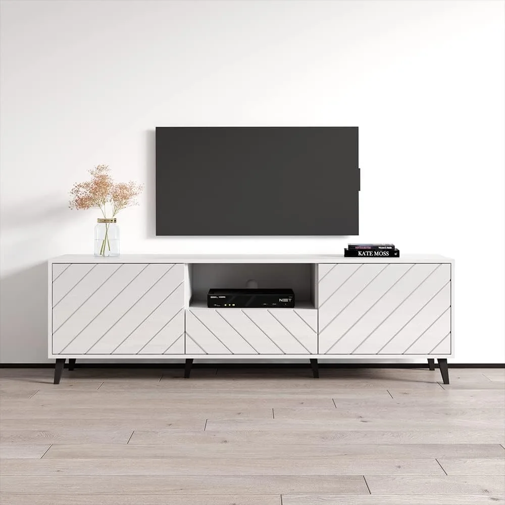 

TV Stand with High-Gloss Finish - Mid-Century Modern High Gloss 71'' TV Stand with Storage