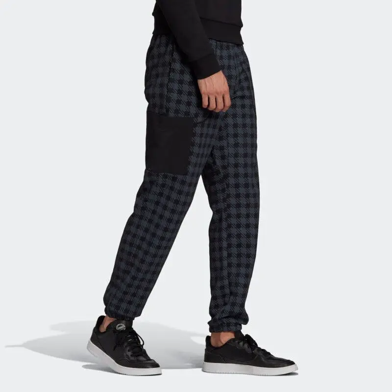 Adidas Men's Houndstooth Patterned Track Pants with Black Pocket Inserts for Casual and Sports Wear