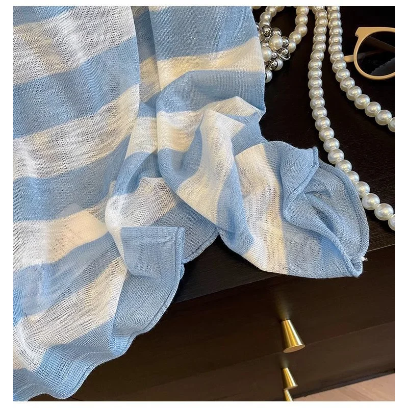 T-shirt a maniche lunghe a righe blu per donna Camicetta estiva con protezione solare Top ampio ed elegante e sottile stile pigro incrociato sul retro