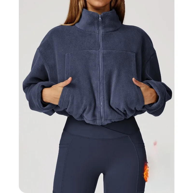 

Женское осенне-зимнее пальто с воротником-стойкой, ветрозащитная термофлисовая куртка на шнурке, женская спортивная одежда с карманами на флисовой подкладке