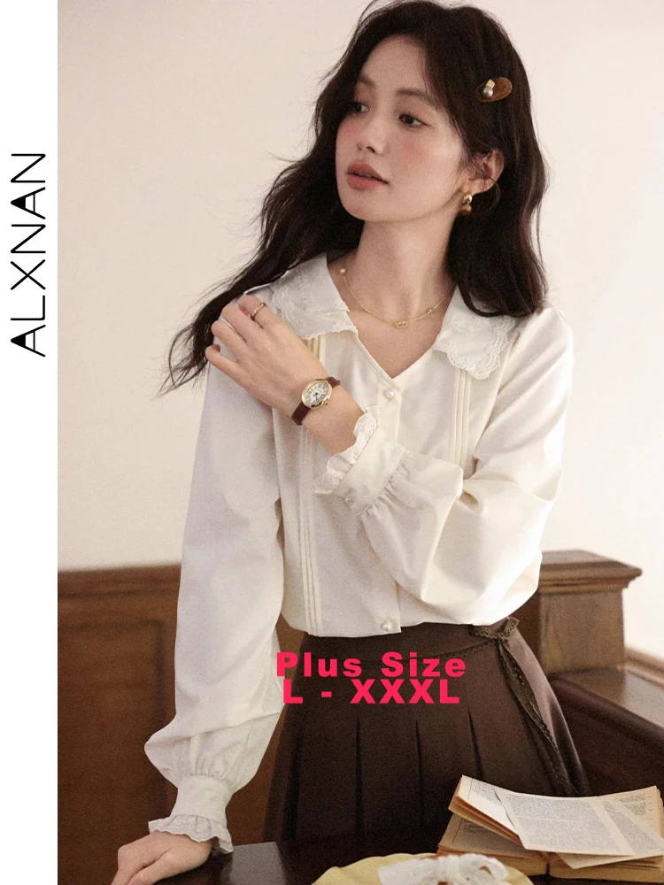 

ALXNAN Plus Size Shirt Apricot V-neck Elegant Casual Loose-fit Women's Long Sleeve Blouses Fall Office Lady Shirts Female D12856