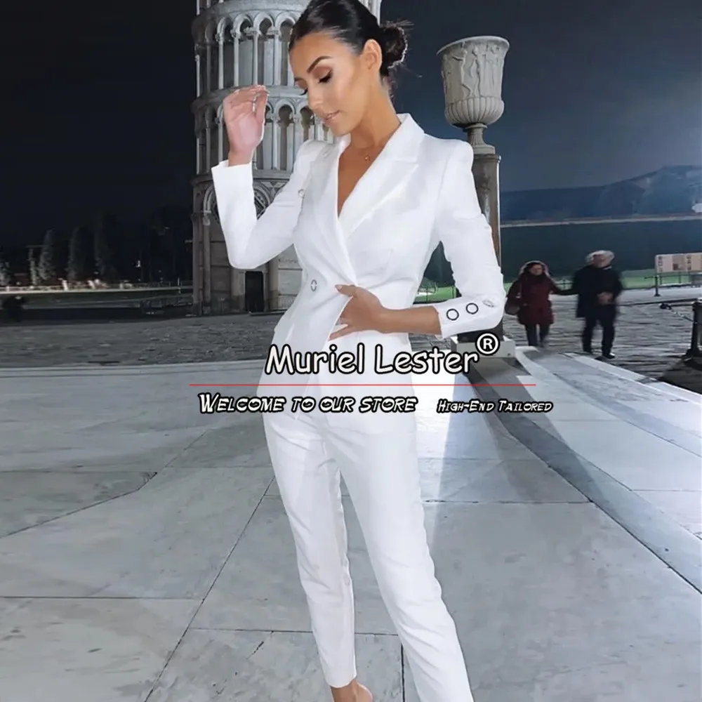 Tailoring Set Pants Suits For Women White Soild Double Breasted Coat Pants Design Latest Female Business Office Laides Clothing