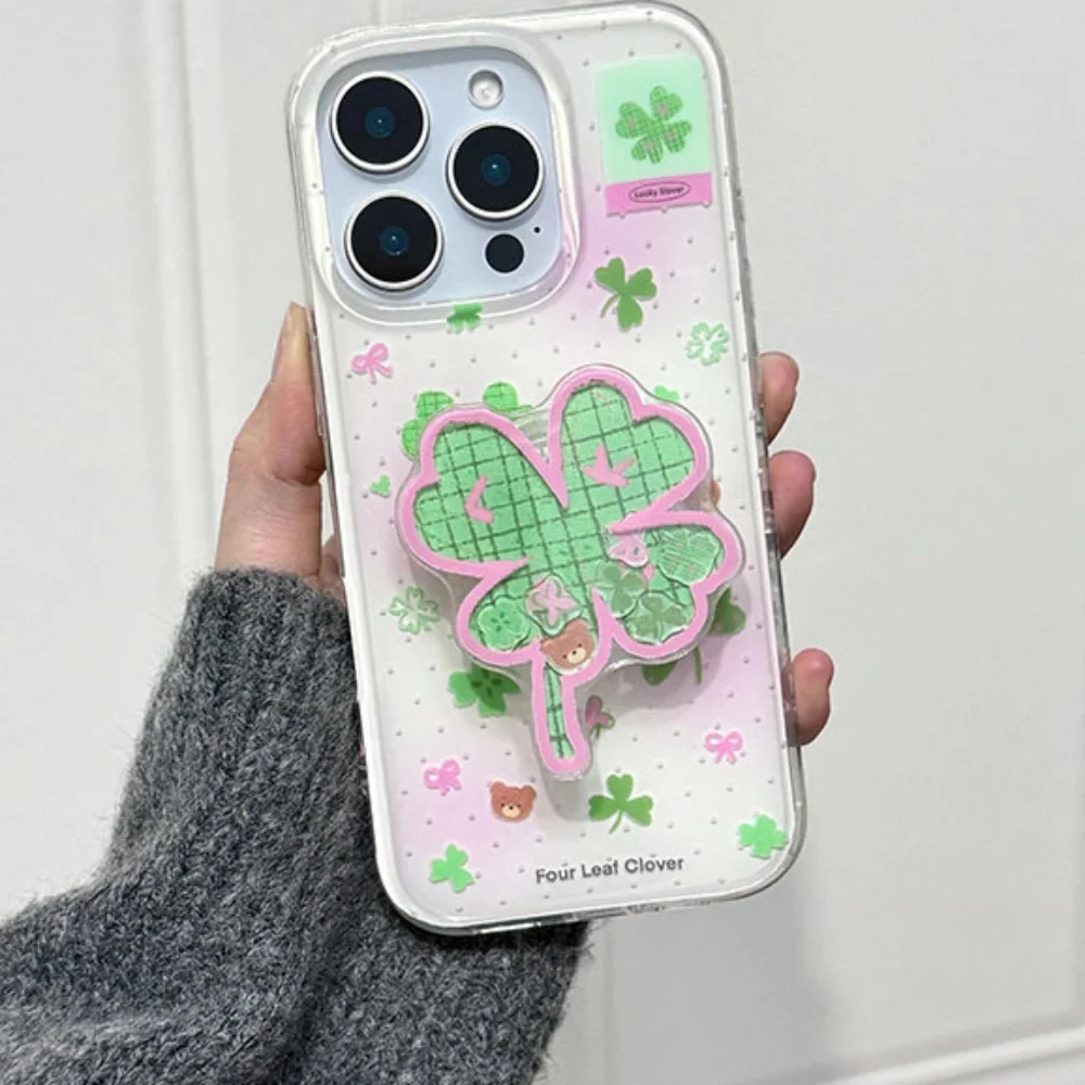 Korea Cartoon Cute Clover Griptok Bracket For iPhone 15 Samsung Universal Phone Accessories Phone Holder Grip Tok Stand