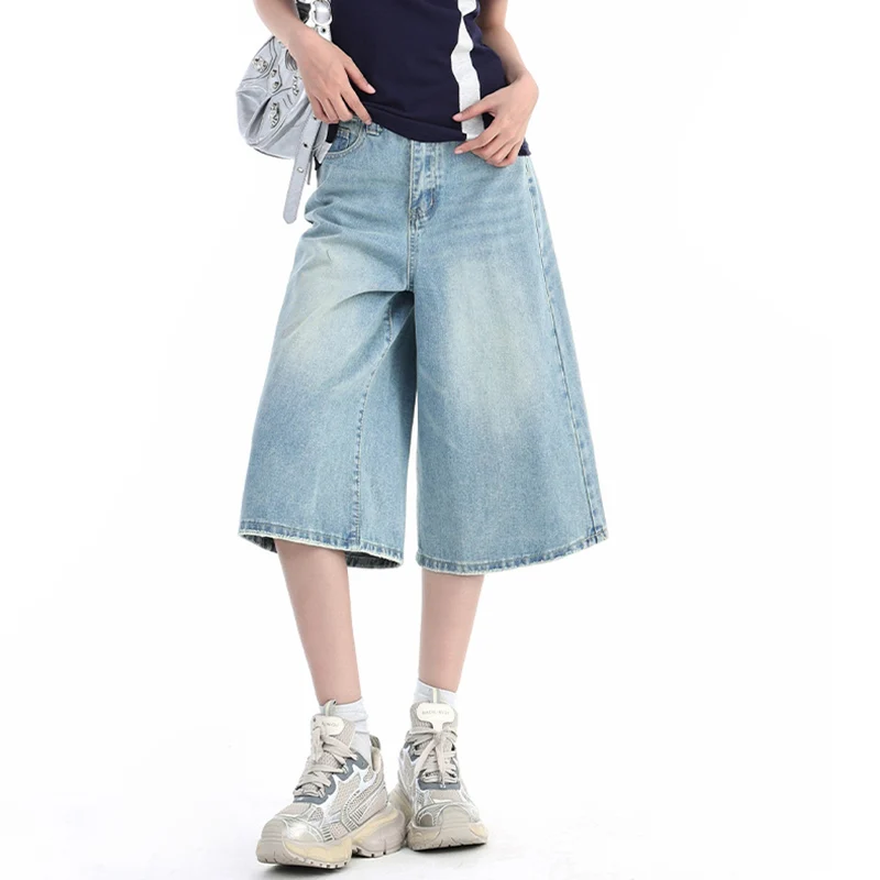 Stylish Y2k Style Baggy Denim Shorts Women Summer Blue Black Wide Leg Short Fashion High Waist Wash Knee Length Jeans Female