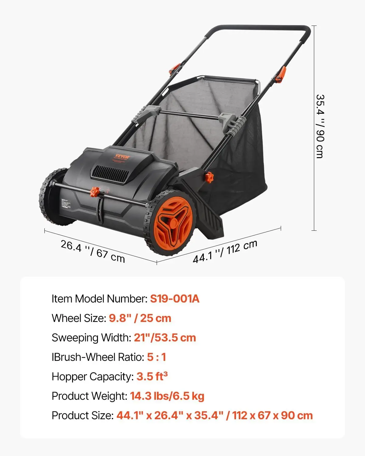 Varredor de gramado push, coletor de folhas e grama de 21 polegadas, aço espesso resistente durável de usar, 2 escovas giratórias