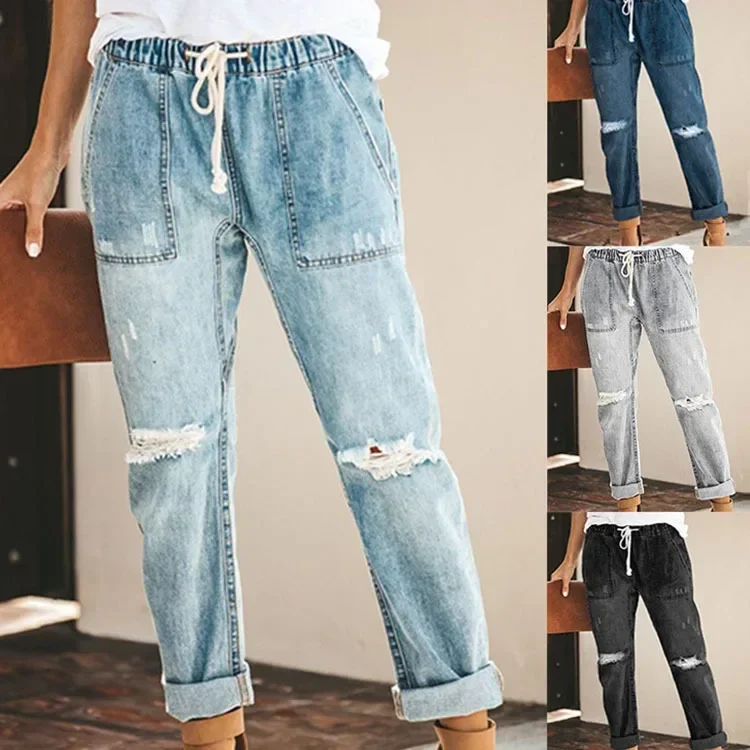 New 2022 Summer Sexy temperament European and American denim straight leg pants with elastic oversized women\'s jeans ripped