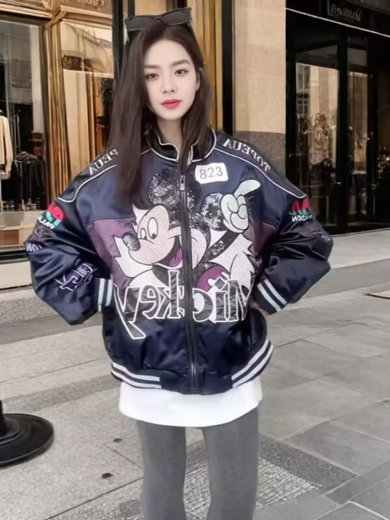 Europeu de alta qualidade primavera outono nova mickey carta bordado jaqueta para mulheres estilo universitário lantejoulas dos desenhos animados roupas femininas