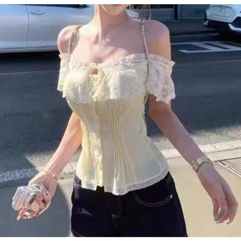 Women Summer Square Neck Lace Short Sleeve Top Sweet Kawaii Slim Fit Hot Girl Casual T-shirt New Arrival C