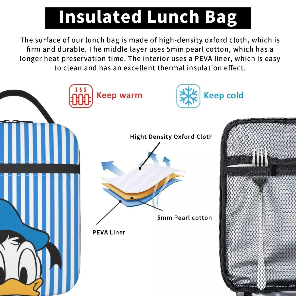 Funny Donald Duck Insulated Lunch Bag Food Container Bags Cartoon Micky Minnie Mouse Cooler Thermal Lunch Box For Trave