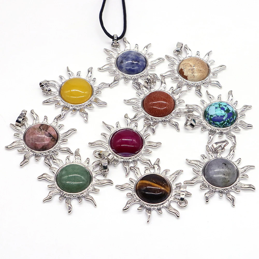Fashion Natural Gem Stone Quartz Crystal Plated Silver Alloy Sun Pendant Jewelry Making  DIY Accessories Sun Gem Necklace Gifts