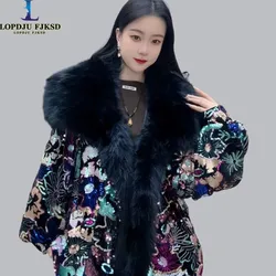 Faux Fur Coats for Women,Open Stitch Jacket,Thicken Warm Female Clothes,Luxury,Fox Fur Collar,Spliced,Sequins,New, Winter,2025