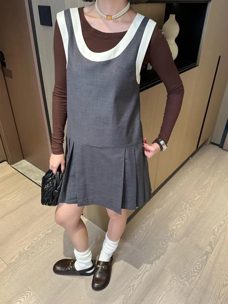 2024 Korean Style Grey Wool Worsted Pleated Pinafore Dress For Women High Quality Sleeveless Mini Jumper Dresses Ladies