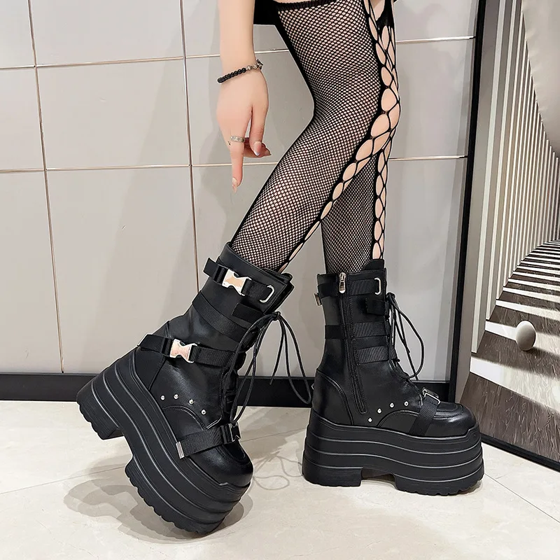 

13CM Ultra-high Women's Platform Boots High Quality Leather Thick Sole Short Boots Retro Design Punk Lady Ankle Boot Botas Mujer