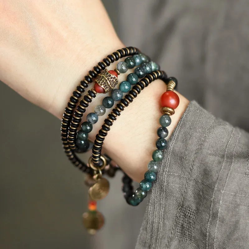 Vintage Agate Multi Layer Wrap Bracelet Mixed Copper Bead Ethnic Wrist Jewelry