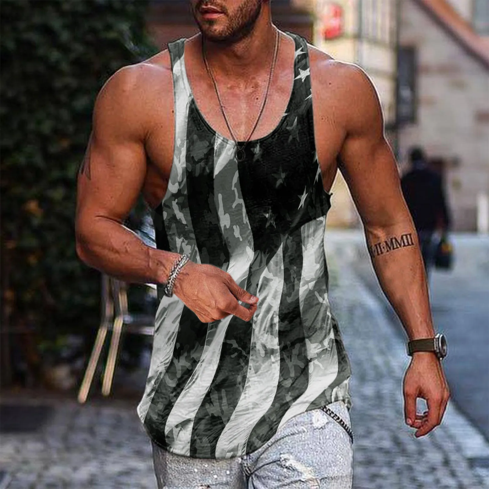 Men Summer Tank Tops Vests Casual Beach O Neck American Flag Printed Sleeveless Tank Tops Bodybuilding Streetwear Vest Blouse