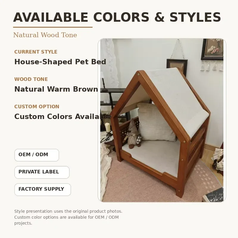 Pet Bed Wooden House Design Rubberwood Frame Removable Cotton Linen Fabric Custom Logo Private Label Wholesale Pet Beds