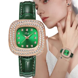 Women's Luxury 2024 Starry Night Diamonds Quartz Watch Fashion Green Leather Simple Clock Gift Wristwatch