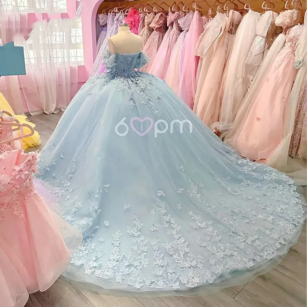 ANGELSBRIDEP Mexican Sweet 16 Quinceanera Dresses Ball Gowns Sky Blue Pearls Beads Appliques Lace Vestidos De XV Anos Customized