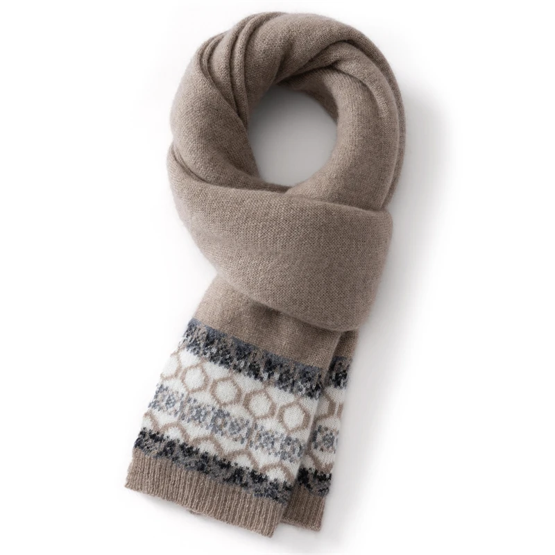 New 100% Cashmere Fair Isle Thickened Vintage Jacquard Scarf Solid Color Winter Atmosphere Knitted Neck Warmer