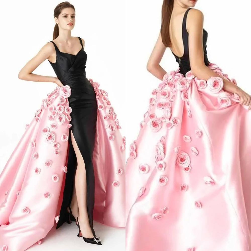 Exquisite Formal V-Neck Ball gown Flowers Draped Floor-Length Satin Bespoke Occasion Dresses Evening 