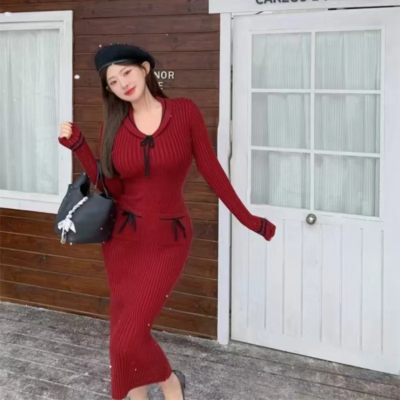 Skinny Bow Knitted Dress 2024 Autumn Winter New Sweater Slim Long Midi Dress