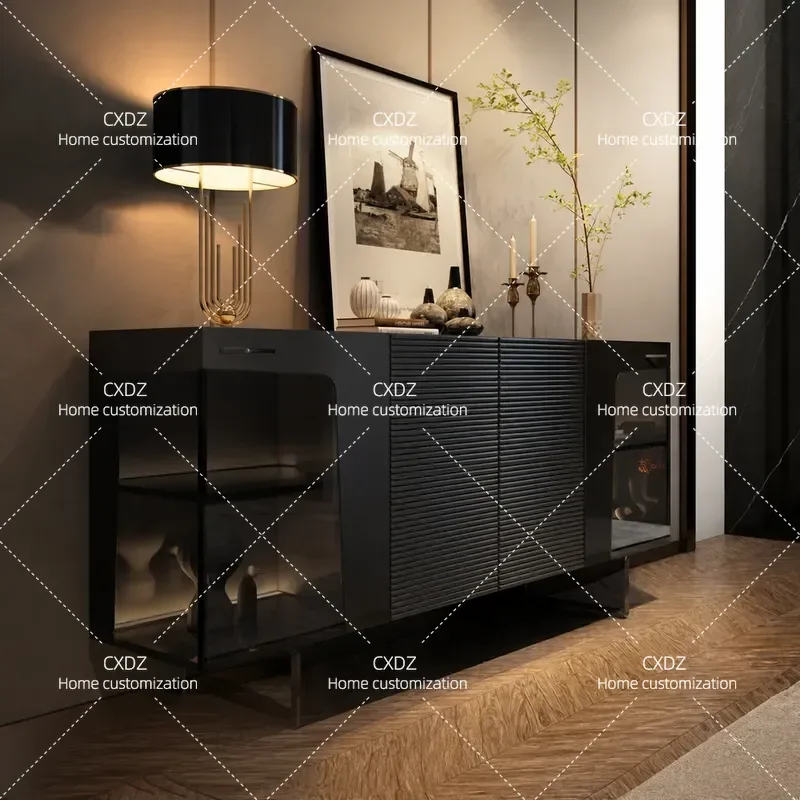 Solid Wood Dining Side Cabinet Black Rock Slab Top Luxury Living Room Storage Locker with Lamp Decorative Villa Furniture