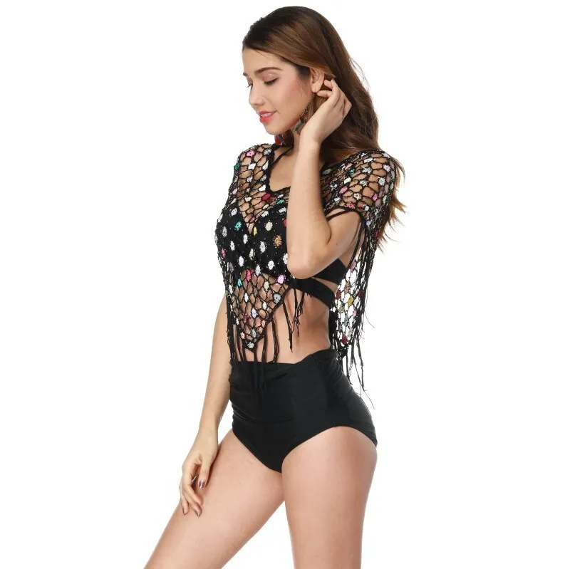 

New Hollowed Out Embroidered Bead Tassel Shawl Cape With Sun Protection And Beach Bikini Cover Up