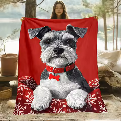 Schnauzer Dog Red Snowflake Blanket Fleece Soft Pet Animal Print Home Decor Throw Cover Christmas Theme Cozy Bedding Gift Idea