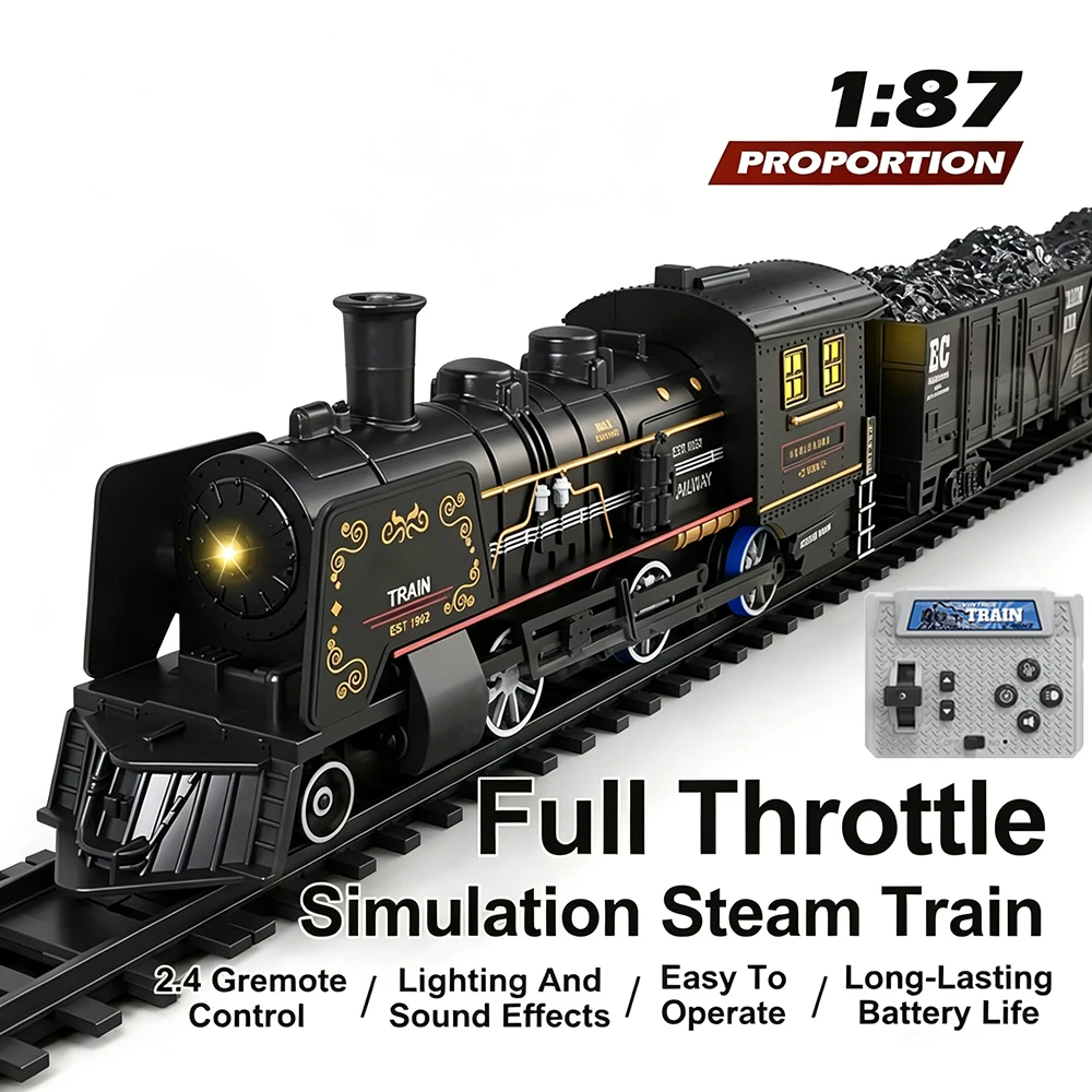 1/87 RC Steam Train 2.4G Track Electric Long Train RC Simulation Classic Railway Train Model With Smoke Effect Led Light Boy Toy
