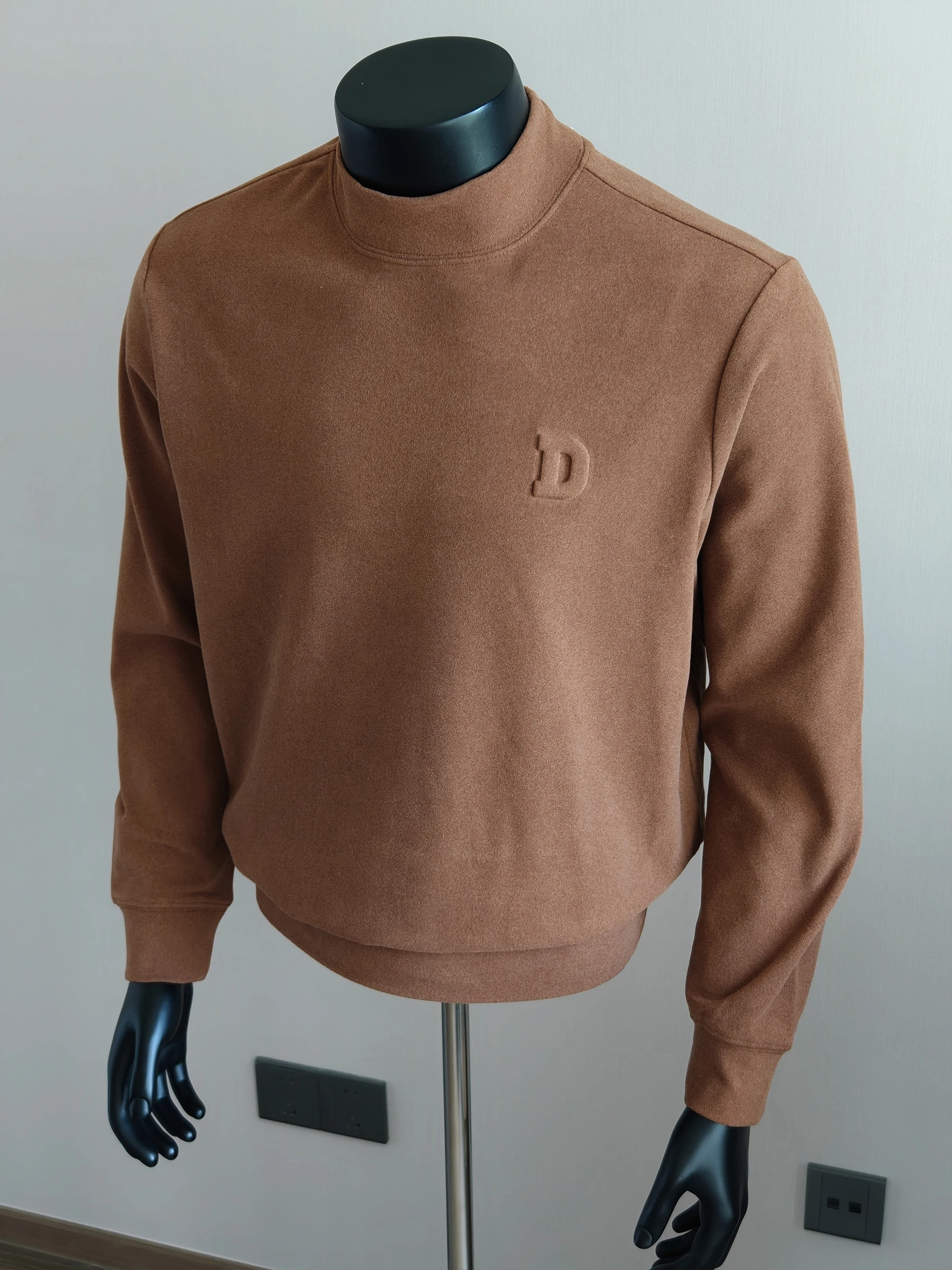 

Мужская базовая футболка с высоким воротником, двусторонняя, вязаная, карамельного цвета, с длинным рукавом, повседневная, комфортная посадка