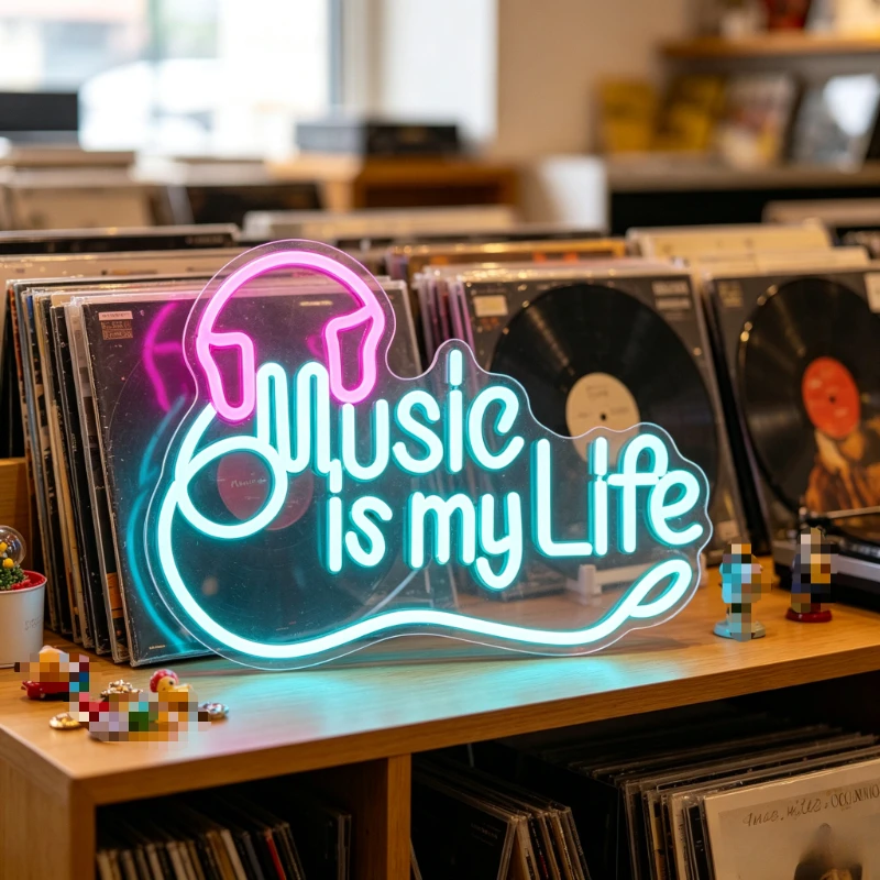 音楽は私の人生-ネオンサイン-ledナイトライト-3dアクリルヘッドホン-usbウォールランプ-音楽室-スタジオ-ホームデコレーション-ギフト