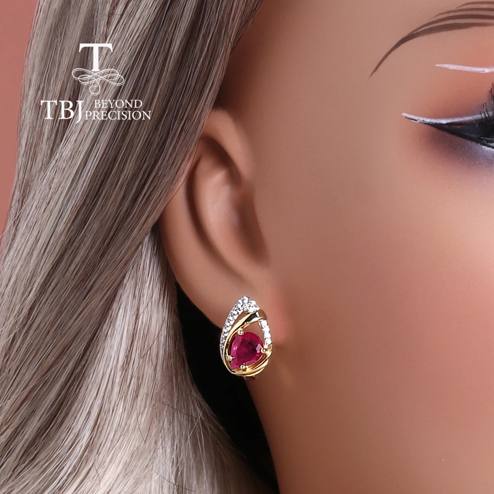 Tbj exquisite 3.74ct natural pear 6*8mm filled ruby clasp earrings 925 Sterling Silver fine jewelry for women's engagement gift - Image 5