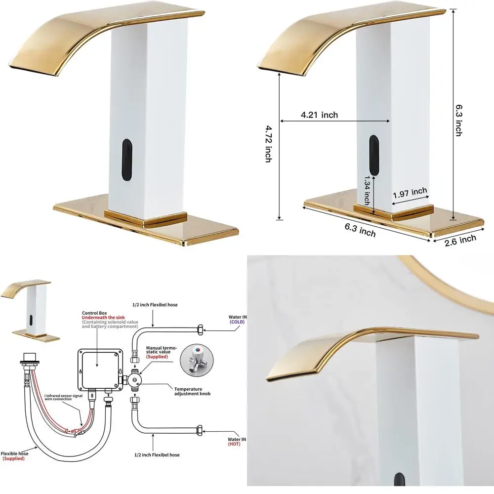 

Automatic Touchless Faucet Bathroom White& Gold Waterfall Electronic Motion Sensor Faucet Hands Free Tap with Control Box and Te