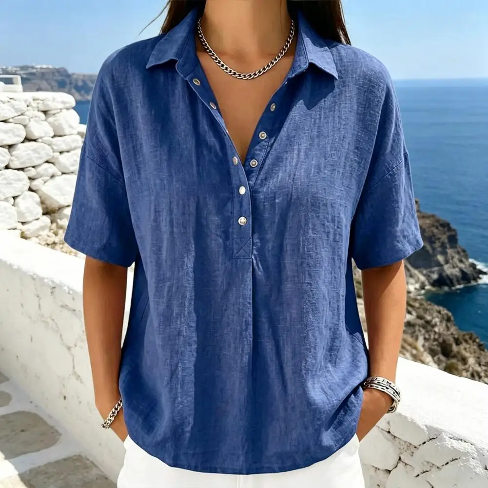 

Женская повседневная рубашка с отложным воротником, на пуговицах, с коротким рукавом, свободного кроя, блузка для отпуска