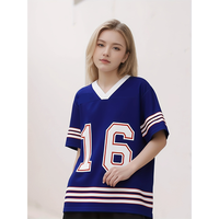 Summer Retro Sportswear V-neck T-shirt Royal Blue and Red No. 16 Pattern Quick-drying Loose Couple Striped Short Sleeves