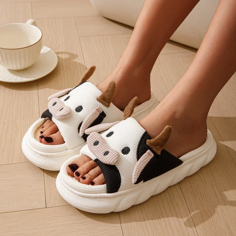 Cute Cartoon Cow Unisex Linen Slippers Spring Summer Slides Mule Men And Women Home Shoes Non-slip Flip Flops For Four Seasons