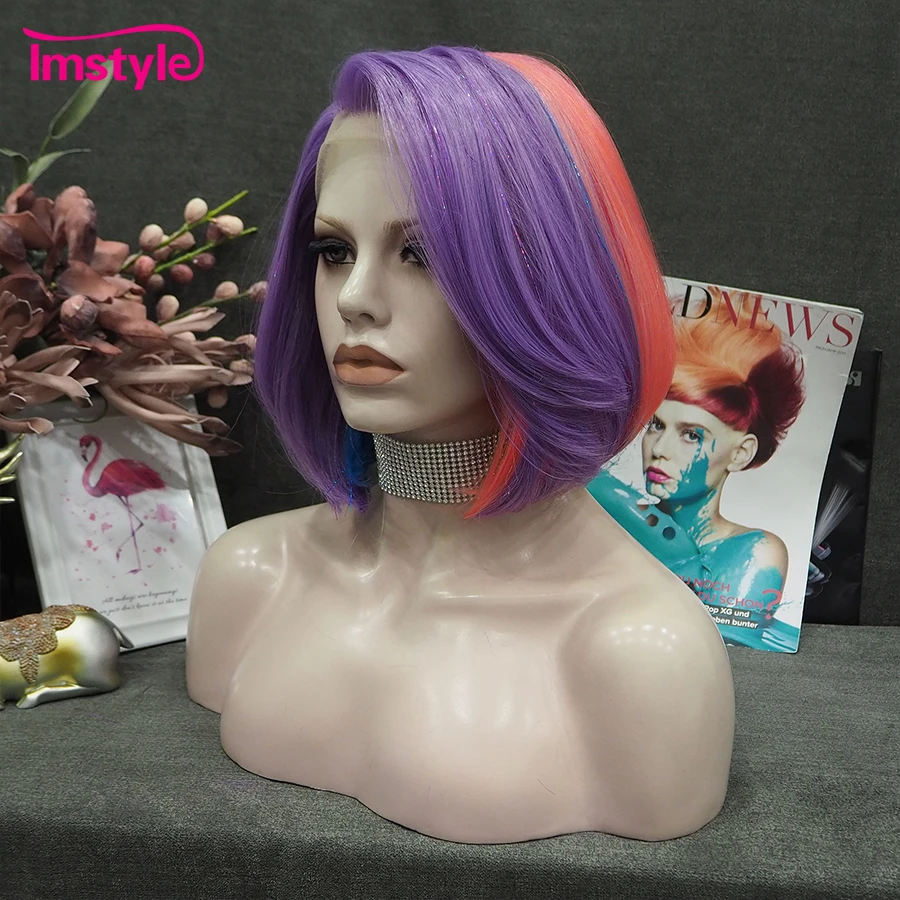 Imstyle Short Bob Wig Colorful Synthetic Lace Front Wig Tinsel Mixed Purple Wig For Women Cosplay Party Wig Heat Resistant Fiber