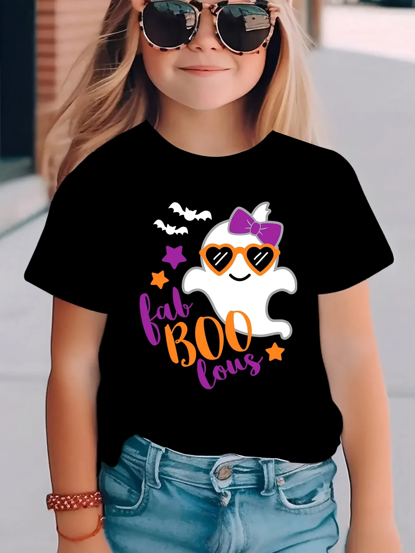 Summer Fashion Girls Short Sleeve T-Shirt Boo Sunglasses Bow Halloween Ghost Cartoon Printed Casual Versatile Top DX4457