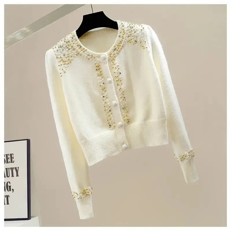 Women Korean Beaded Chic Sweet Kawaii Soft Single Breasted Knitted Cardigan Trendy Casual O Neck Long Sleeve Sweater Coat Z646