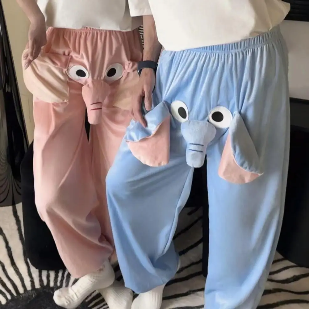 Cartoon Pajama Pants Elephant Pattern Wide Leg Design Women Men Lounge Pants Elastic Waistband Mid-Rise Pajama Bottoms