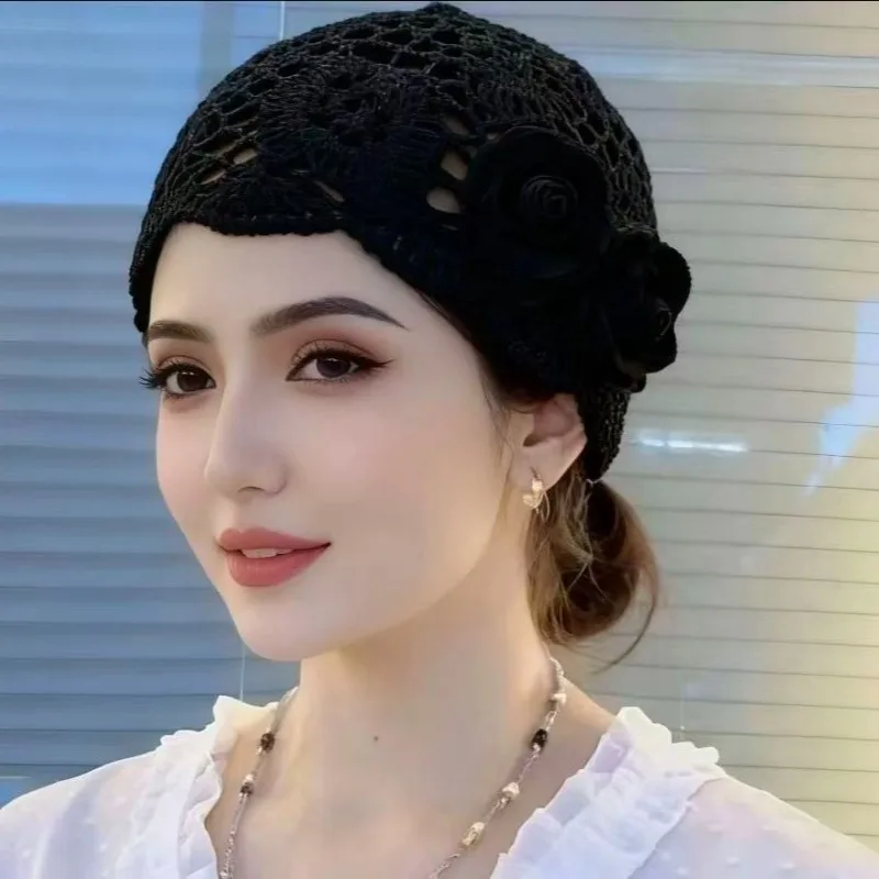 Exotic Handmade Rose Flower Hat Knitted Baotou New Hollow Versatile Elegant Temperament Baotou Hat