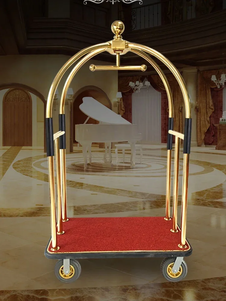 Five-star Hotel Lobby Concierge Car Luggage Cart Luggage Cart Silent Big Wheel Stainless Steel Flat Trailer Trolley
