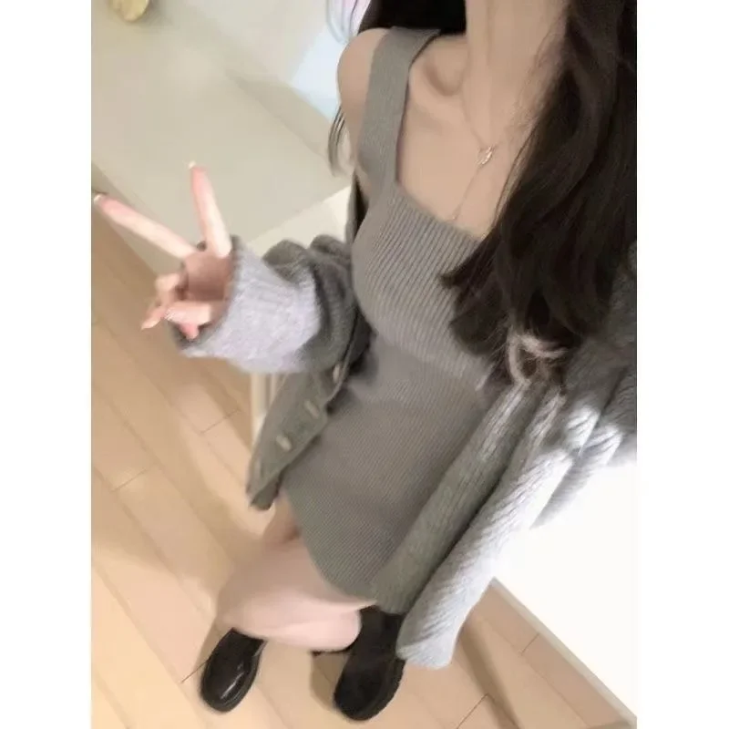 Knitted Suit Korean Autumn 2 Piece Dress Set Women Casual Long Sleeve Cardigan + Bodycon Strap Sweater Dress Evening Party